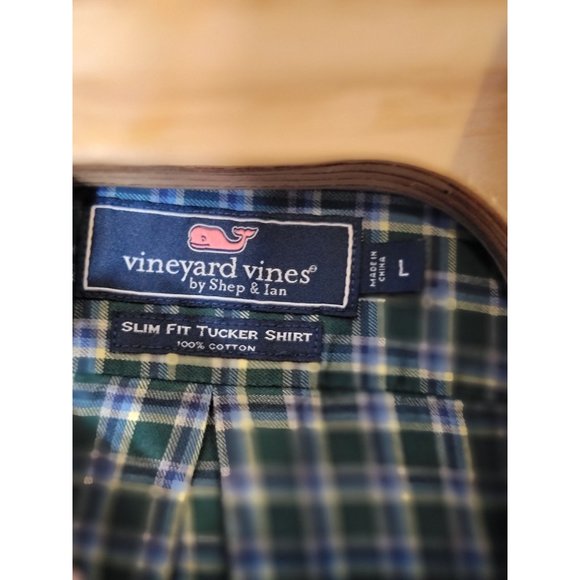 Vineyard Vines Slim Fit Tucker Shirt Size Large Whale Logo Green Blue Plaid - Picture 4 of 5
